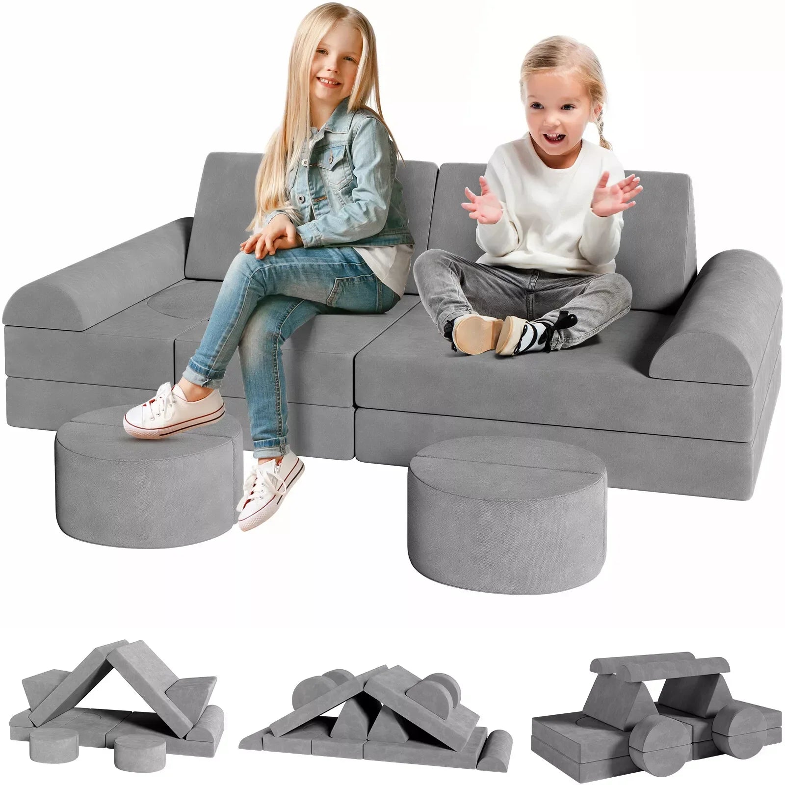 Modulaire Kindersofa – Speelbank – Kinderspeelbank – Speelmeubel – Peutersofa – Fluweelzachte Stof – 14-Delige Set - QUORE