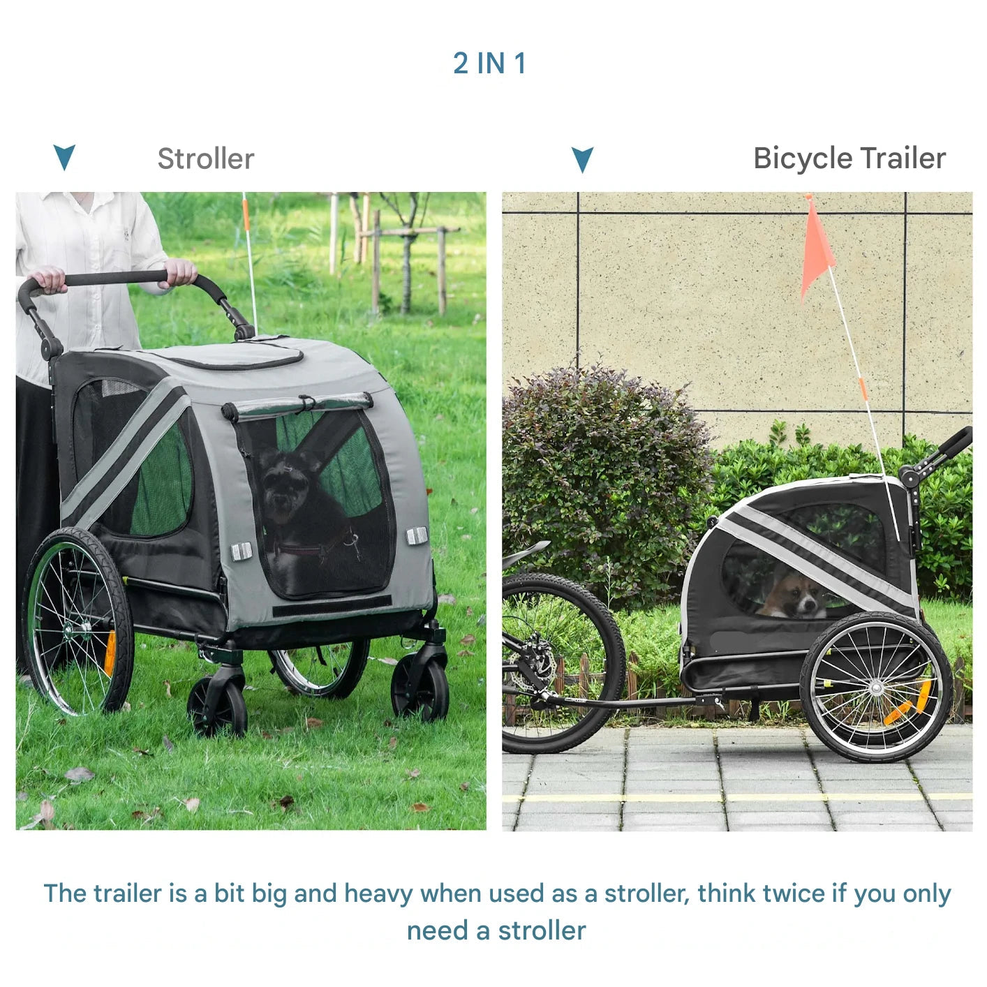 2 in 1 - Fietskar - Fietsaanhanger - Transportaanhanger - Kar - met Vlag - Mesh-vensters - Draagkracht 30kg - Weerbestendig - Oxfordstof - Metalen frame - 134 x 73 x 108 cm - Grijs