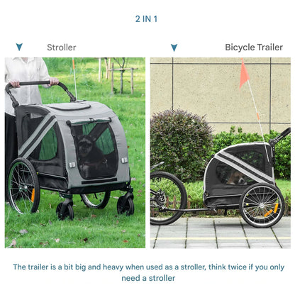 2 in 1 - Fietskar - Fietsaanhanger - Transportaanhanger - Kar - met Vlag - Mesh-vensters - Draagkracht 30kg - Weerbestendig - Oxfordstof - Metalen frame - 134 x 73 x 108 cm - Grijs