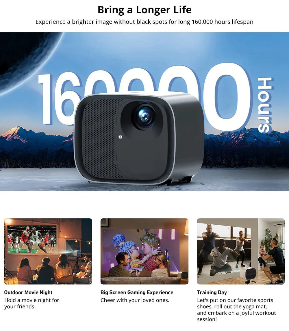 Mini Beamer - Projector - Digitale Beamer - Draagbaar - 1080P - LED - Met Autofocus - 2.4GHz & 5GHz WiFi - 600 ANSI - 4K Decoding - HDMI - AV & Audio Out - 19V DC - USB - 90W - 16.8 x 13.5cm - Zwart