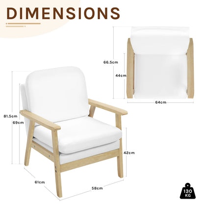 Ligstoel - Tuinstoel - Lounge Fauteuil - Tuinmeubel - Ligstoelen Buiten - Binnen - met Kussen - voor Woonkamer - Slaapkamer - Thuis - Scandinavische Stijl - Sterk - Duurzam - Linnen & Massief Hout - 66.5 x 64 x 81.5 cm - Wit