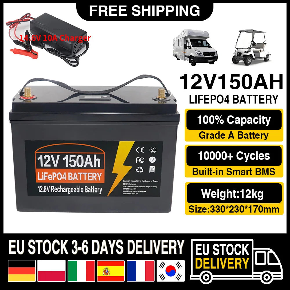 LiFePO4 Accu 12V 150Ah – Lithium Batterij – Lithium-ijzerfosfaat Accu – Camping Accu – Boot Accu – Ingebouwd BMS – 10.000 Laadcycli – Compact & Lichtgewicht