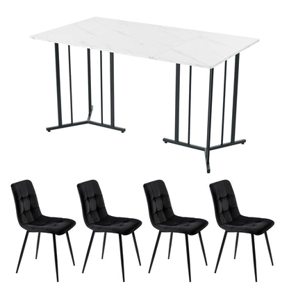 Eettafelset – Eettafel Met Stoelen – Dinerset – Fluwelen Stoelen – 140x80 Cm Tafel – Verstelbare Pootjes – Metalen Frame - Zwart