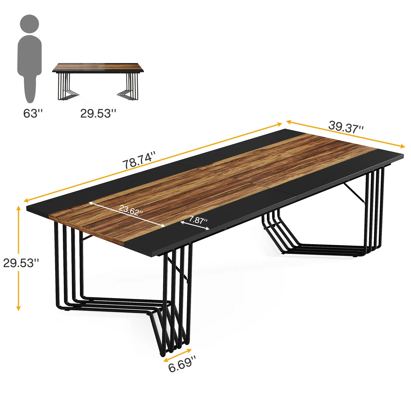 Vergadertafel – Werktafel – Bureau – Eettafel – Industrieel – Stevig Metalen Frame - 100 x 200 x 75 cm - Bruin - QUORE