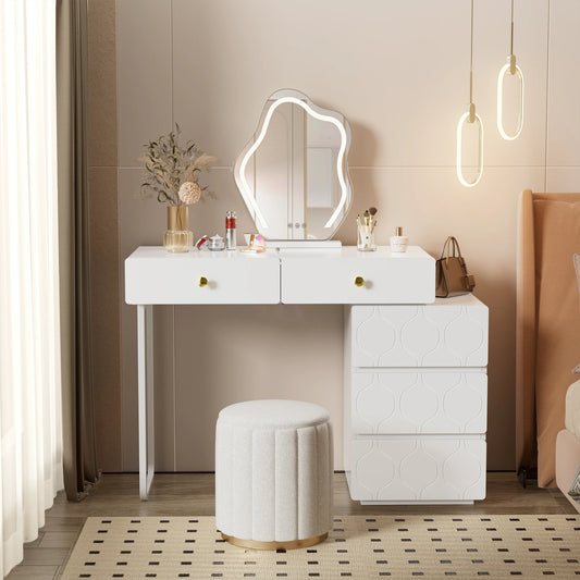 Kaptafel – Make-uptafel – Schminktisch – Dressing Table – Vanity Table – Verwisselbare Zijkanten en Poten – Vijf Ruime Laden – Compact 90x40x73,5 cm