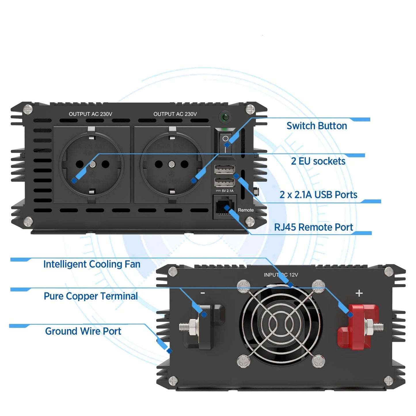 Omvormer – 12V Naar 230V – Stabiele Wisselspanning – Noodstroom – Kamperen – 2500W – 12V - Dubbele USB