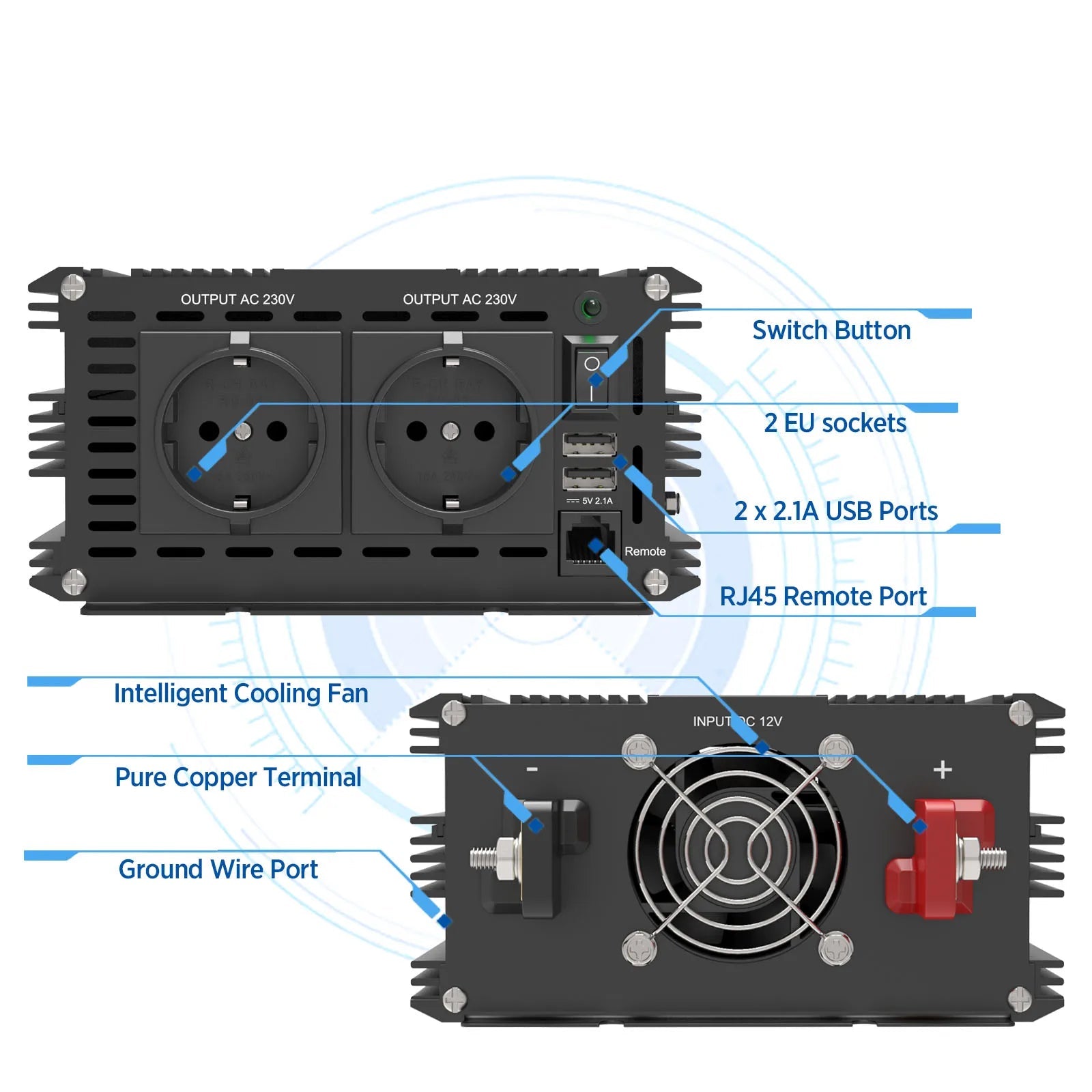 Omvormer – Stroomomzetter – DC Naar AC Converter – Power Inverter – Spanningsomzetter – Pure Sinusgolf – USB Uitgangen - 3500W - 12V - QUORE