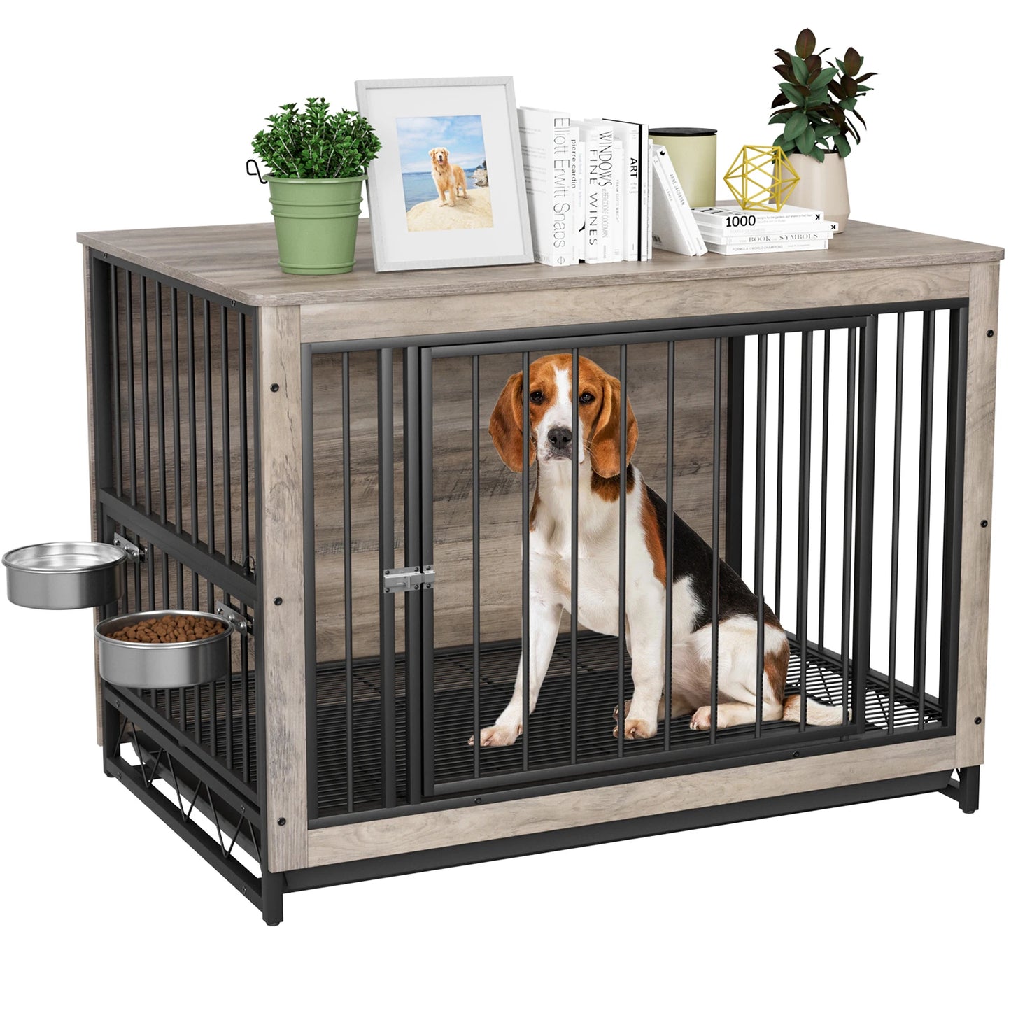 Houten Hondenkennel – Hondenbench – Hondenkooi – Hondenhok – Hondentuin – 2 Verstelbare Roestvrijstalen Voederbakken – Robuust MDF En Stalen Frame – Geschikt Voor Middelgrote Honden - 39inch - Grijs - QUORE