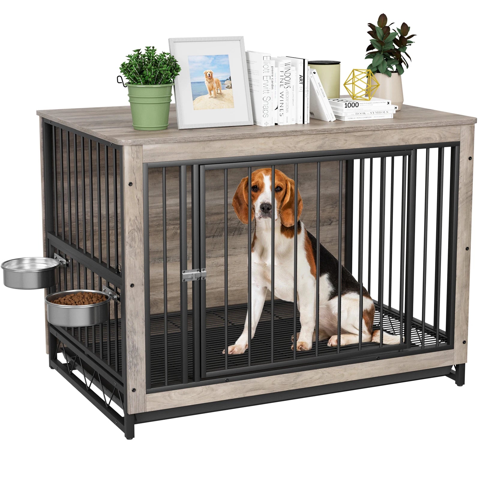 Houten Hondenkennel – Hondenbench – Hondenkooi – Hondenhok – Hondentuin – 2 Verstelbare Roestvrijstalen Voederbakken – Robuust MDF En Stalen Frame – Geschikt Voor Middelgrote Honden - 39inch - Grijs - QUORE