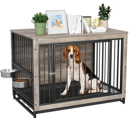 Houten Hondenkennel – Hondenbench – Hondenkooi – Hondenhok – Hondentuin – 2 Verstelbare Roestvrijstalen Voederbakken – Robuust MDF En Stalen Frame – Geschikt Voor Middelgrote Honden - 39inch - Grijs - QUORE