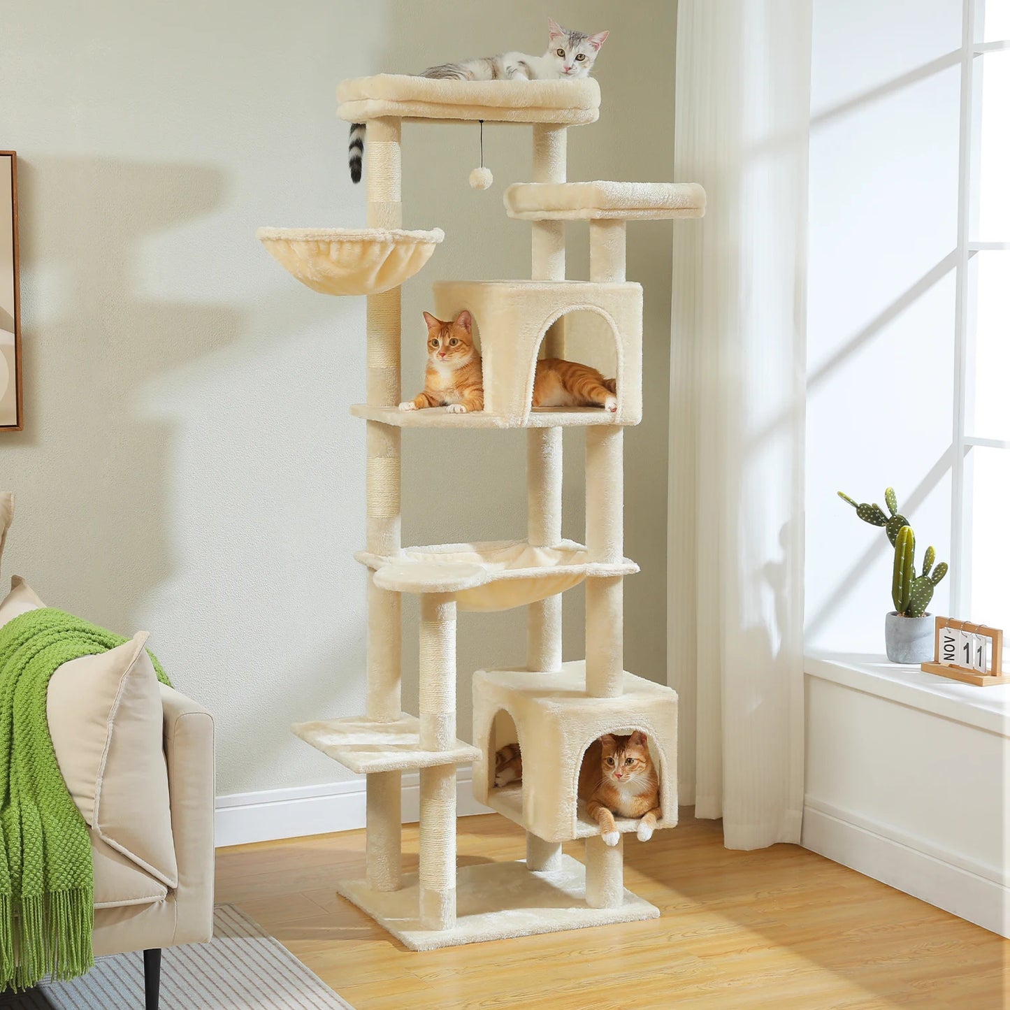 Kattenboom - Krabpaal - Katten Klimmuur - Sisal Krabpalen - Arbre a Chat - Hangmat - Kattenhuisje - 54x44x175cm - Groen