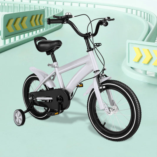 Kinderfiets - Kinderfiets met Zijwielen - 14inch - Stoere Fiets voor Kinderen 2-4 Jaar – Verstelbaar Zadel en Stuur – Met Opbergbak en Mand - Perfect voor Leren Fietsen -  Verstelbare Hoogte, Carbon Staal & Zijwieltjes - Wit