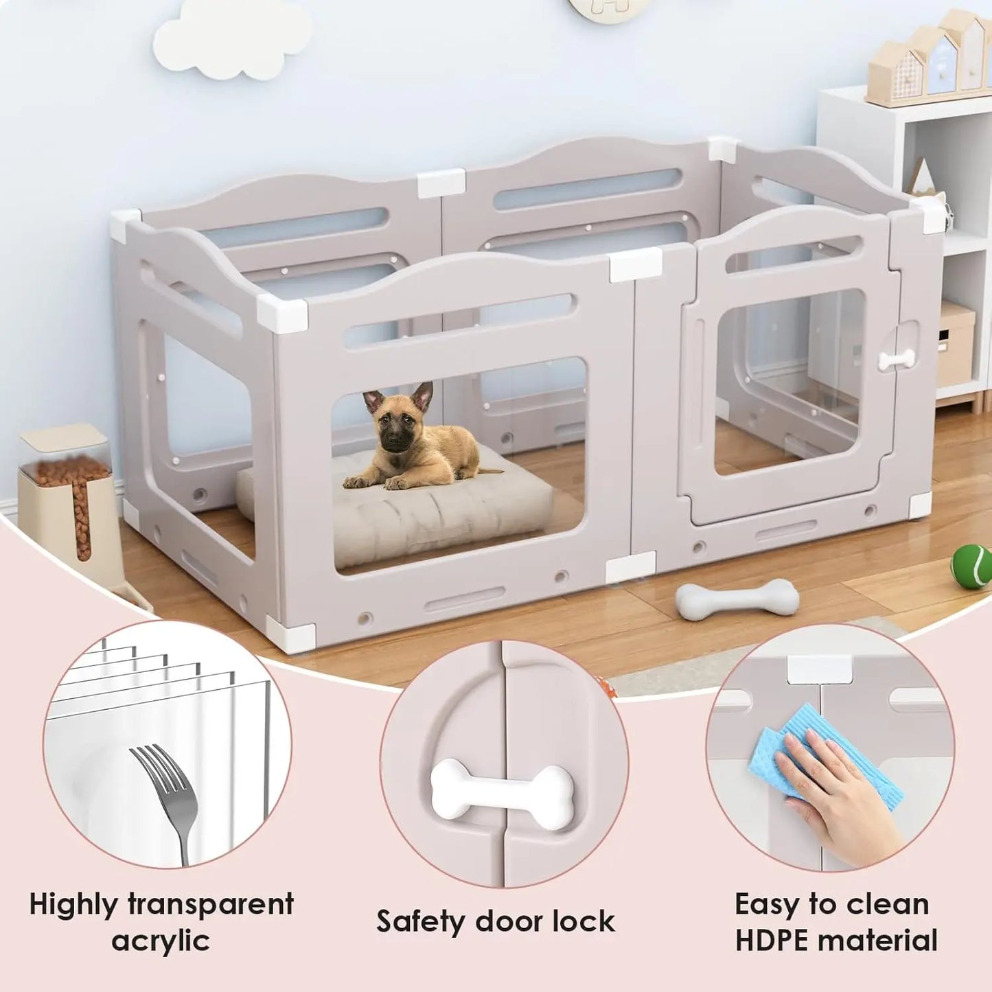 Transparante Puppyren – Hondenren – Puppybox – Speelren – Scheidingswand – Acrylpaneel – Inklapbaar Met Deur – 129x68x60 cm - QUORE