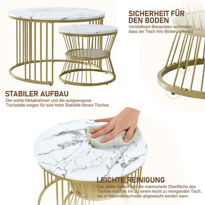 Nesting Salontafel – Salontafel Set – Bijzettafel – Ronde Tafel – Sofa Tafel – Zwart – Marmerfineer – Goud Metalen Frame