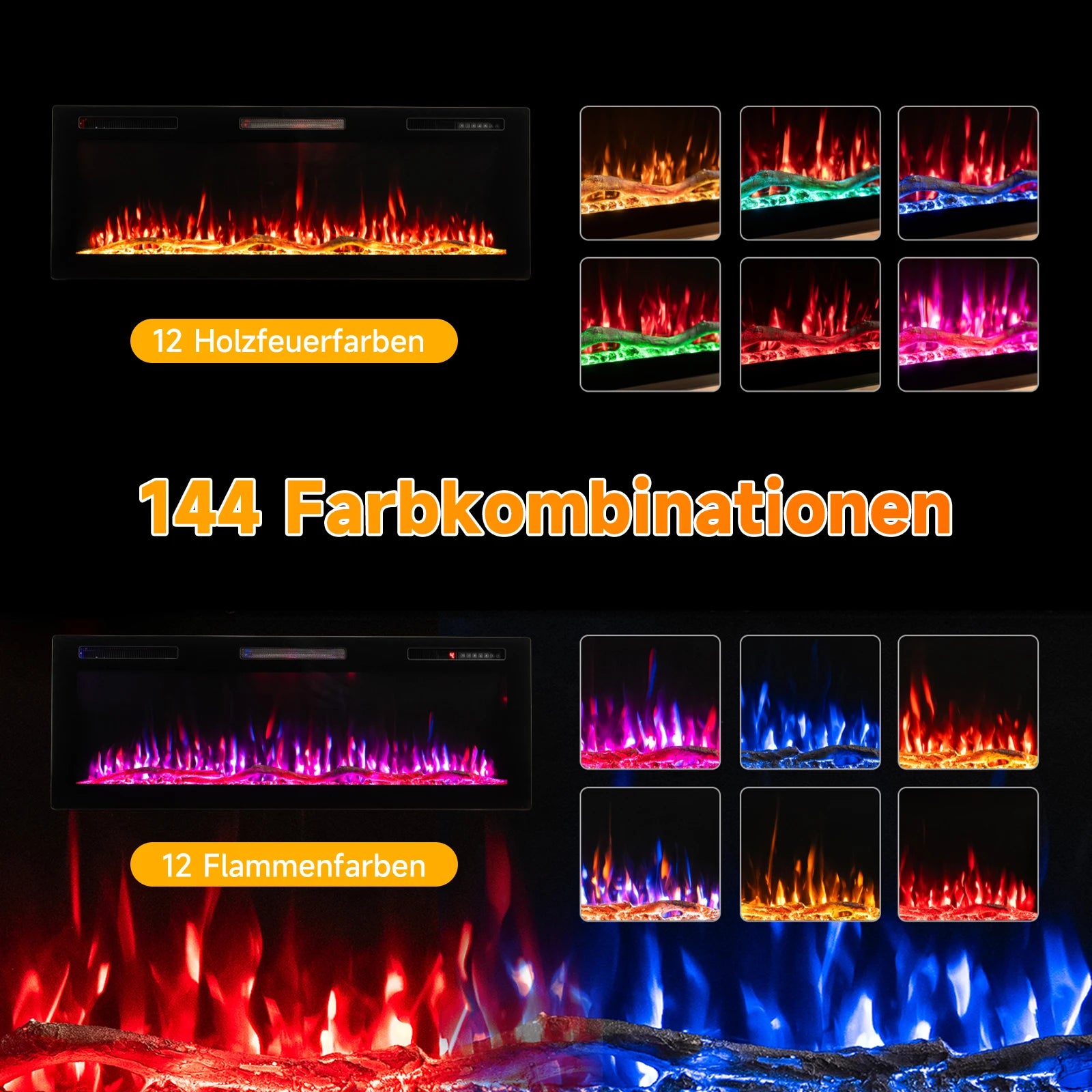 Elektrische Haard – Sfeerverwarmer – Kamin – Inbouwhaard – Vuurtafel – 150 cm Zwart – 1000/2000W Verwarming – 12 Kleuren 3D Vlammen - QUORE