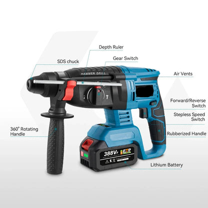 Boormachine - Klopboormachine - Hamerboren - Draadloze - Borstelloze - 26mm - 4800 slagen/min – SDS Plus – Inclusief 1 Batterij en Accessoireset – Voor Beton, Steen en Meer – Compatibel met 18V/21V Accu’s