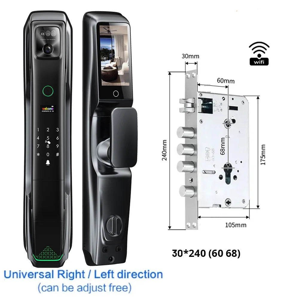 Smart Deurslot – Slimme Deurslot – Elektronisch Slot – Biometrisch Slot – Digitale Deurslot – Gezichtsherkenning – Video Deurbel – Aluminium Behuizing – 4200mAh Oplaadbare Batterij - 30x240 - 6068 Insteekslot - QUORE