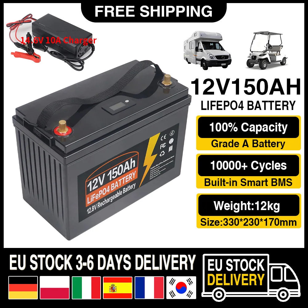 LiFePO4 Accu – Lithium Batterij – LFP Accu – Lithium-IJzerfosfaat Accu – 12V 150Ah Variant – Ingebouwd BMS – IP65 Waterdicht