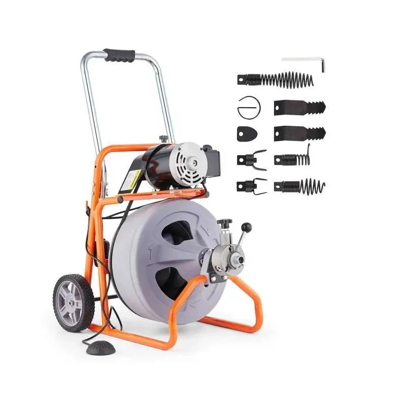 Elektrische Afvoerreiniger - Ontstoppingsveer - Rioolreinigersveer - 100FT - Opvouwbare - 1/2 Inch Afvoerontstopper - Handgreep - en Wielen - met Automatische Voeding - 8 Snijbladen - Oranje en Grijs