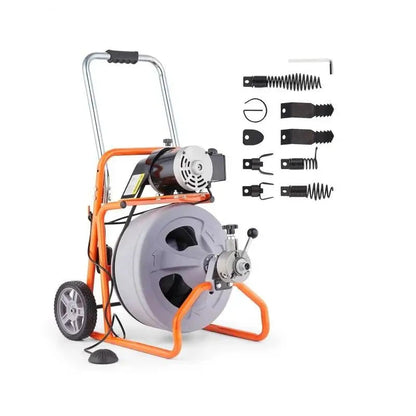 Elektrische Afvoerreiniger - Ontstoppingsveer - Rioolreinigersveer - 100FT - Opvouwbare - 1/2 Inch Afvoerontstopper - Handgreep - en Wielen - met Automatische Voeding - 8 Snijbladen - Oranje en Grijs