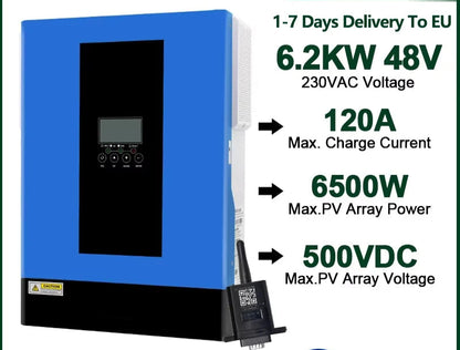 Solar Hybrid Omvormer – Hybride Omvormer – Zonne-energie Omvormer – MPPT Omvormer – Wifi Omvormer – 6,2 kW Vermogen – Pure Sinusgolf Uitgang
