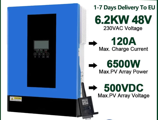 Solar Hybrid Omvormer – Hybride Omvormer – Zonne-energie Omvormer – MPPT Omvormer – Wifi Omvormer – 6,2 kW Vermogen – Pure Sinusgolf Uitgang