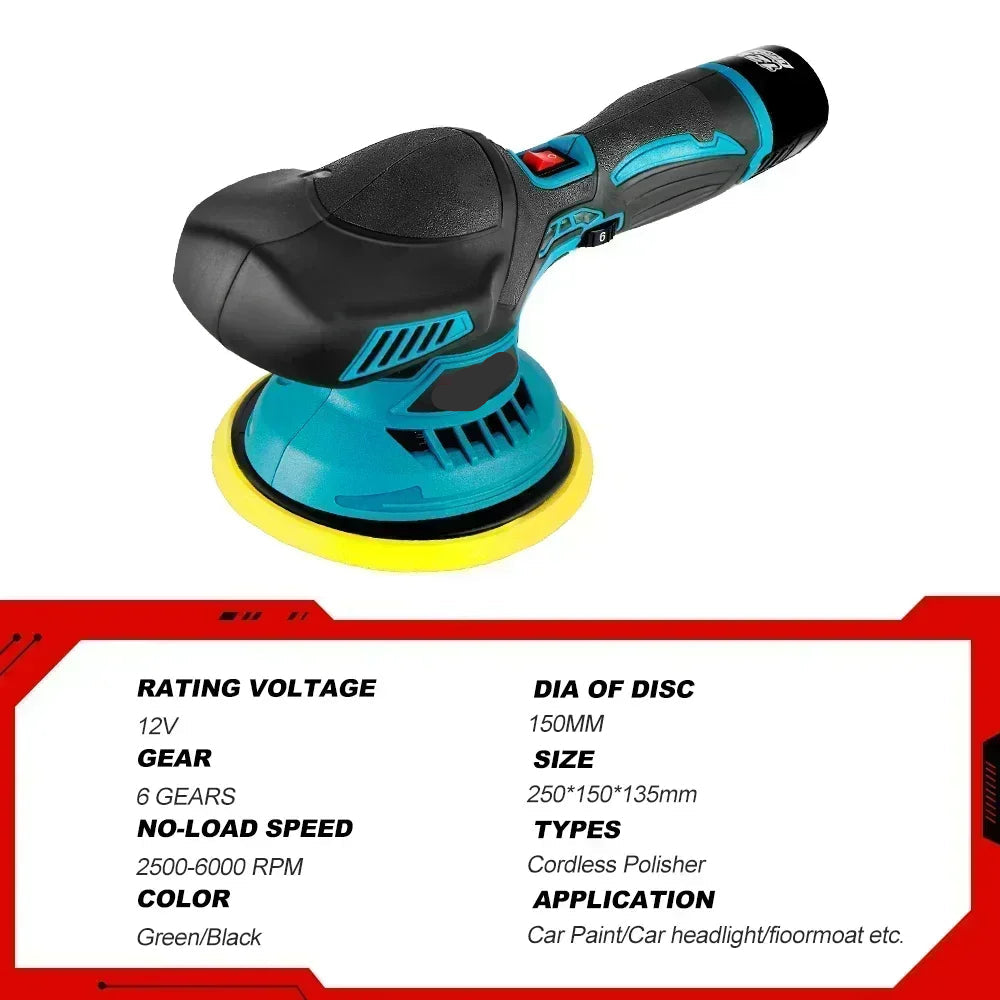 Polijstmachine Auto - Mini - Polijstmachine - Accu - Poetsmachine - 6000RPM Draadloos - 12V Elektrische - 6 Snelheden - Waxen - Compact - Krachtig -2 Batterijsets