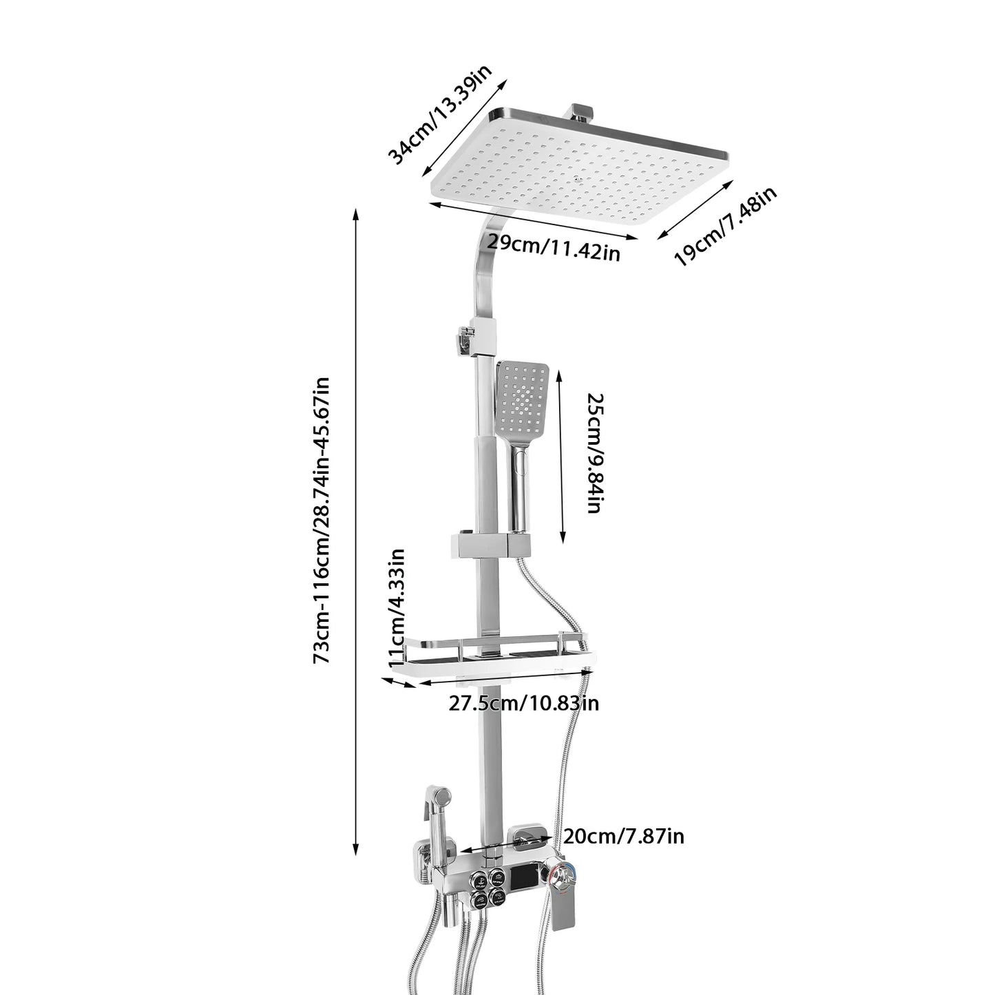 Douche - Regendouche - Douchewand - Douchekolom - Douchepanelen - LCD Douche Systeem met Thermostaat – Multifunctionele Regendouche met 4 Waterstanden – Verstelbare Hoogte 73-116 cm - Zilver - QUORE