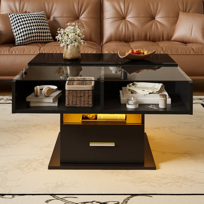 Salontafel – Koffietafel – Bijzettafel – Woonkamertafel – Multifunctionele Tafel – Verstelbare Hoogte – LED Verlichting – Hoogglans Zwart