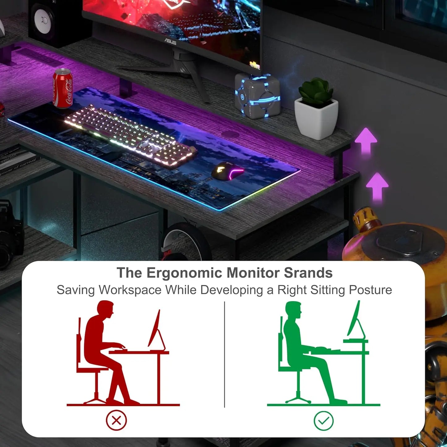 L-vormig Bureau – Gaming Bureau – Hoekbureau – Computertafel – Werkplek Bureau – RGB LED Verlichting – Ingebouwde Stopcontacten & USB Poorten – 148 cm – Wit