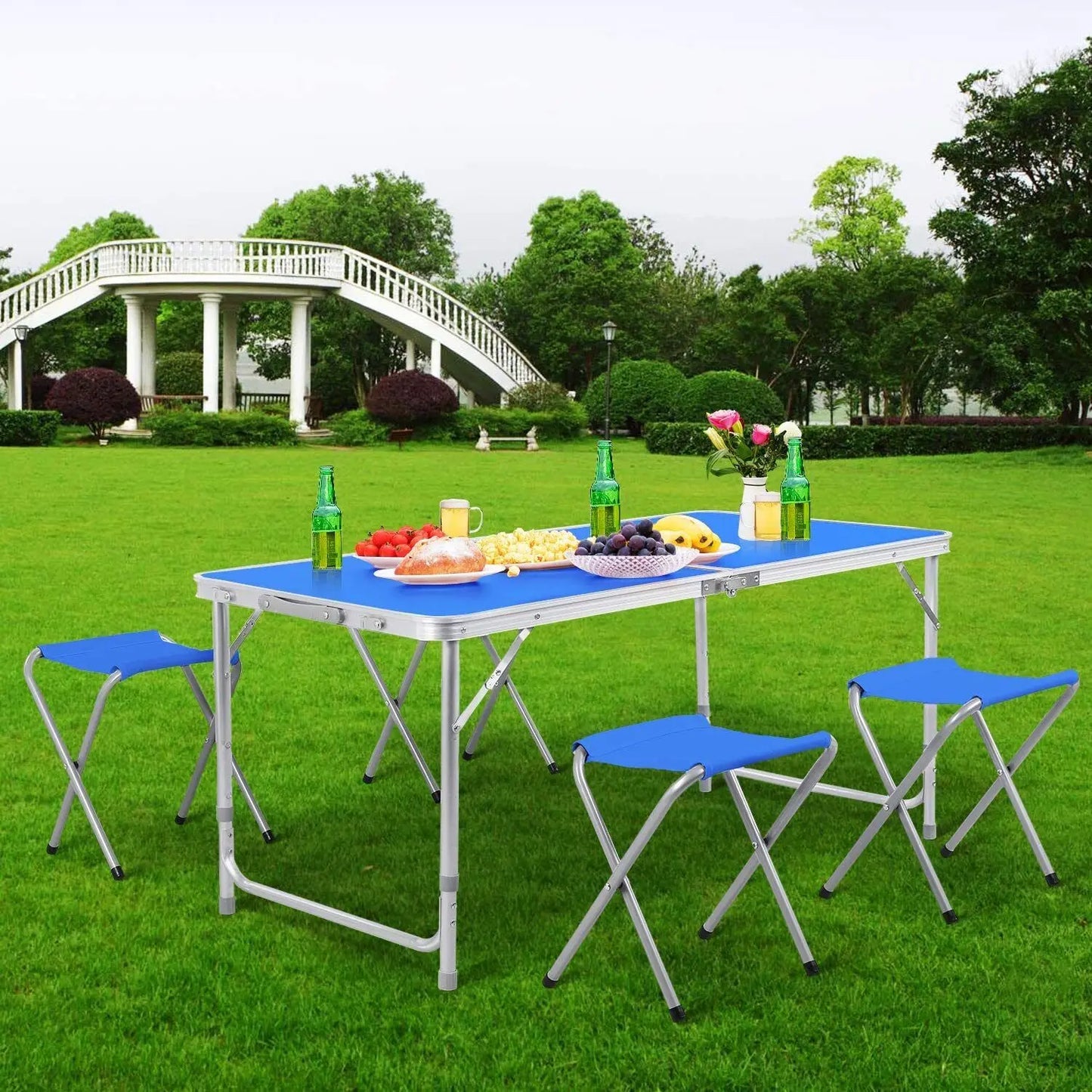 Klaptafel - Campingtafel - Kampeertafel - Picknicktafel - Blauw - 120cm Opvouwbaar - 4 Kruk - Buitenmeubilair - Metaal.