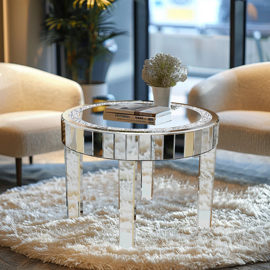 Round Side Table - Round Coffee Table - Table - Mirror Design - Silver Glass - Luxury Finish - Crystal Legs - Living Room - Bedroom - Silver
