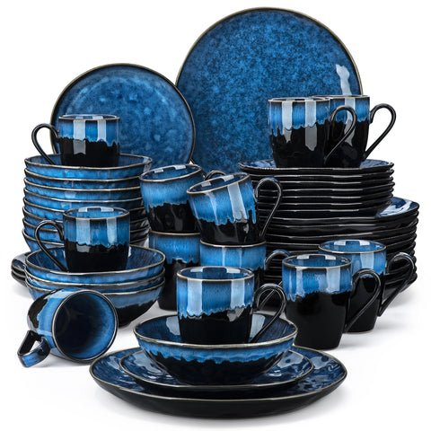 Servies - Servies set - 48 Stuks - Ovens Verandering -  Glazuur Porselein TablewareSet - met Diner Bord, Dessertplaat - Kom - Mok - Sterrenblauwe