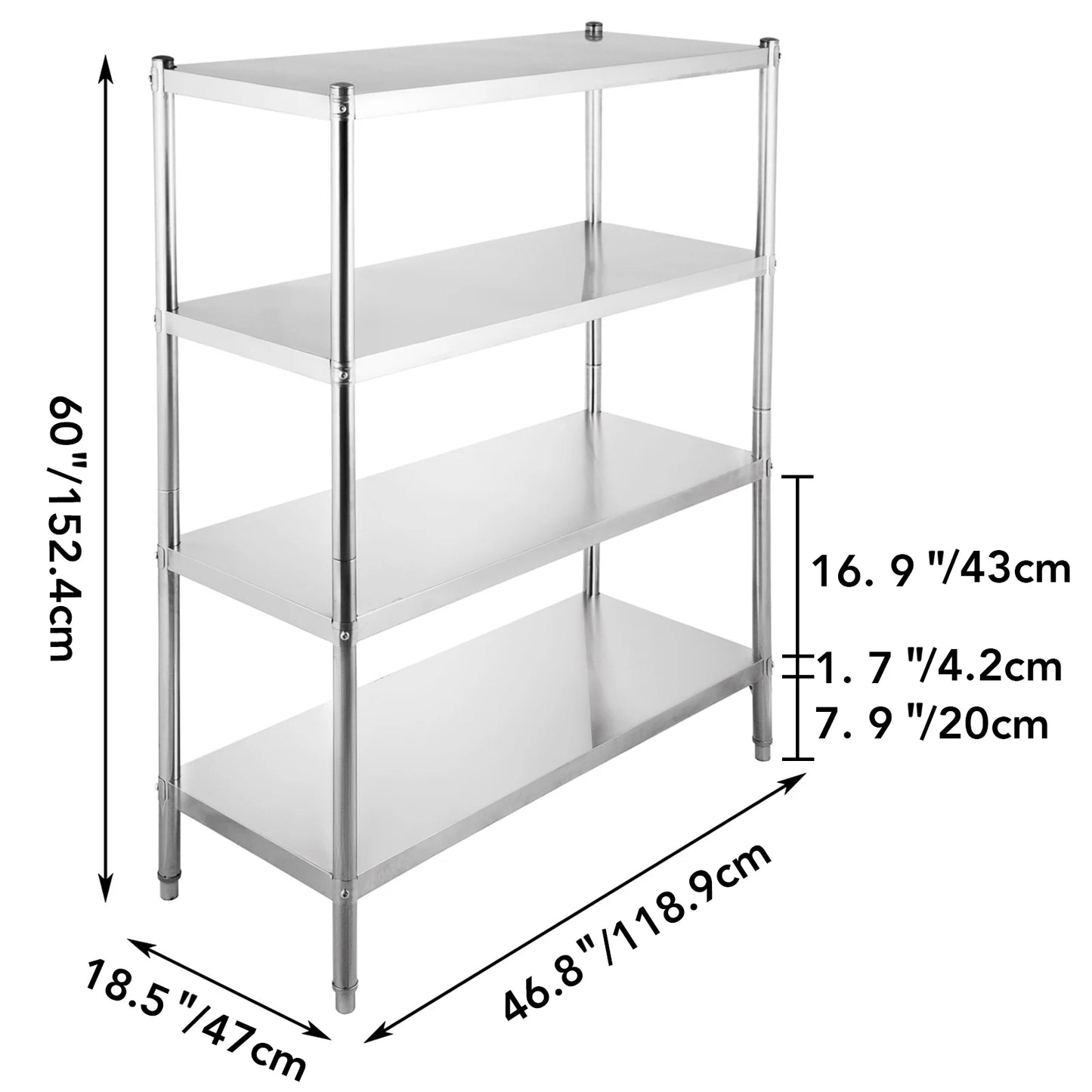 SucceBuy 4-Tier Stainless Steel Commercial Storage Rack Shelf for Kitchen Warehouse Garage Storing Kitchenware