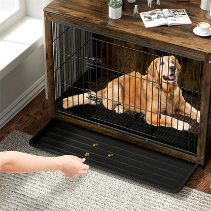 Houten Hondenbench - Hondenkennel Hout - Binnenbench - Dubbele Deur - Hondenhuis - Bijzettafel - Industrieel - 3-in-1 Ontwerp - Middelgroot
