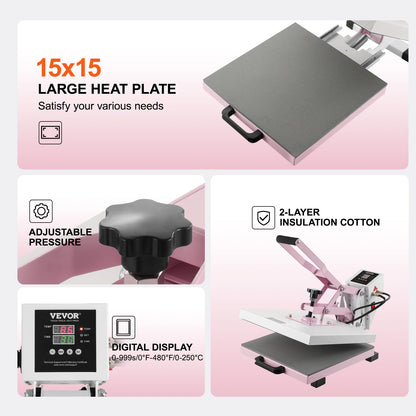 Hittepers – Transferpers – Textielpers – T-shirtpers – 15"x15" Persplaat – Nauwkeurige Temperatuurregeling – Uitklapbare Lade