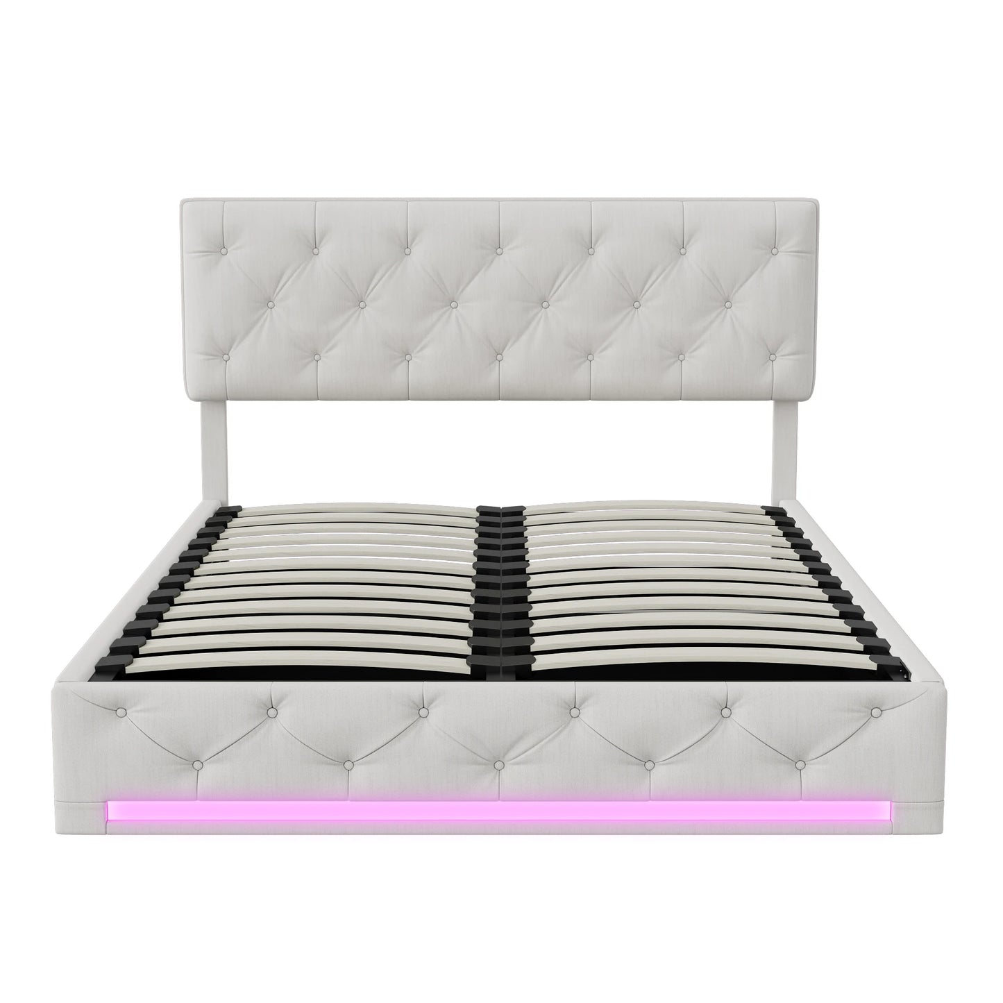 Opbergbed – Boxspringbed – Bed Met Opbergruimte – Hydraulisch Bed – Verstelbaar Hoofdbord – Linnen Bekleding – LED-Verlichting - 140 x 200 cm