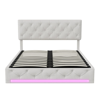Opbergbed – Boxspringbed – Bed Met Opbergruimte – Hydraulisch Bed – Verstelbaar Hoofdbord – Linnen Bekleding – LED-Verlichting - 140 x 200 cm