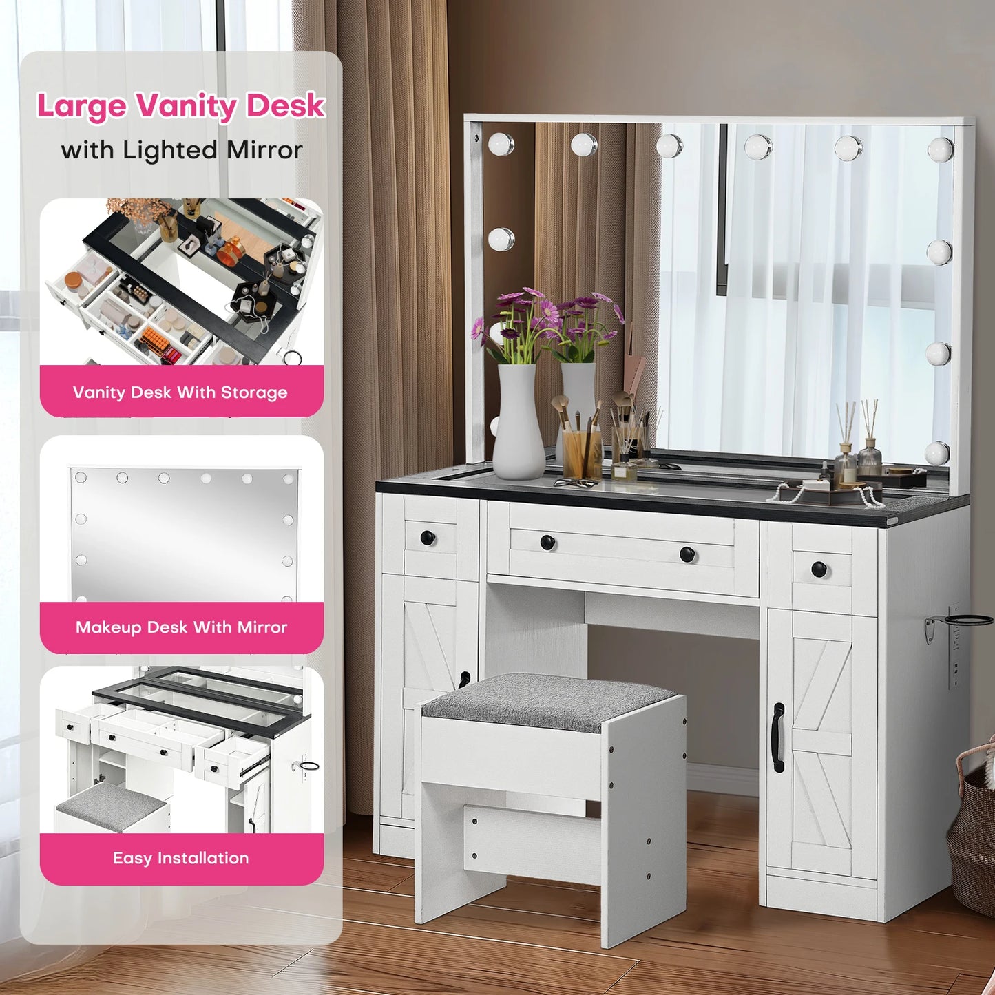 Make-Up Tafel – Make-Up Bureau – Dressing Tafel – Visagie Tafel – Verlichte Spiegel – Ruime Opbergruimte – Inclusief Comfortabele Kruk