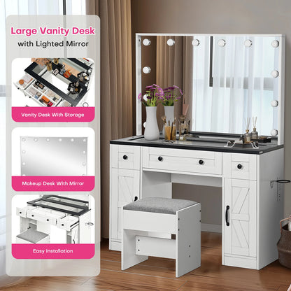 Make-Up Tafel – Make-Up Bureau – Dressing Tafel – Visagie Tafel – Verlichte Spiegel – Ruime Opbergruimte – Inclusief Comfortabele Kruk