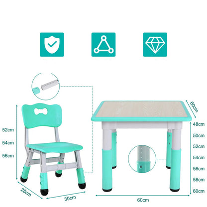 Kindertafel en Stoeltjes - Kindertafel - Kleuterstoel - Kinderstoeltje - Tafel -  Verstelbare Hoogte – 1 Tafel + 2 Stoelen – Voor Kinderen van 3 tot 8 Jaar – Studie & Speelmeubilair - Turquoise
