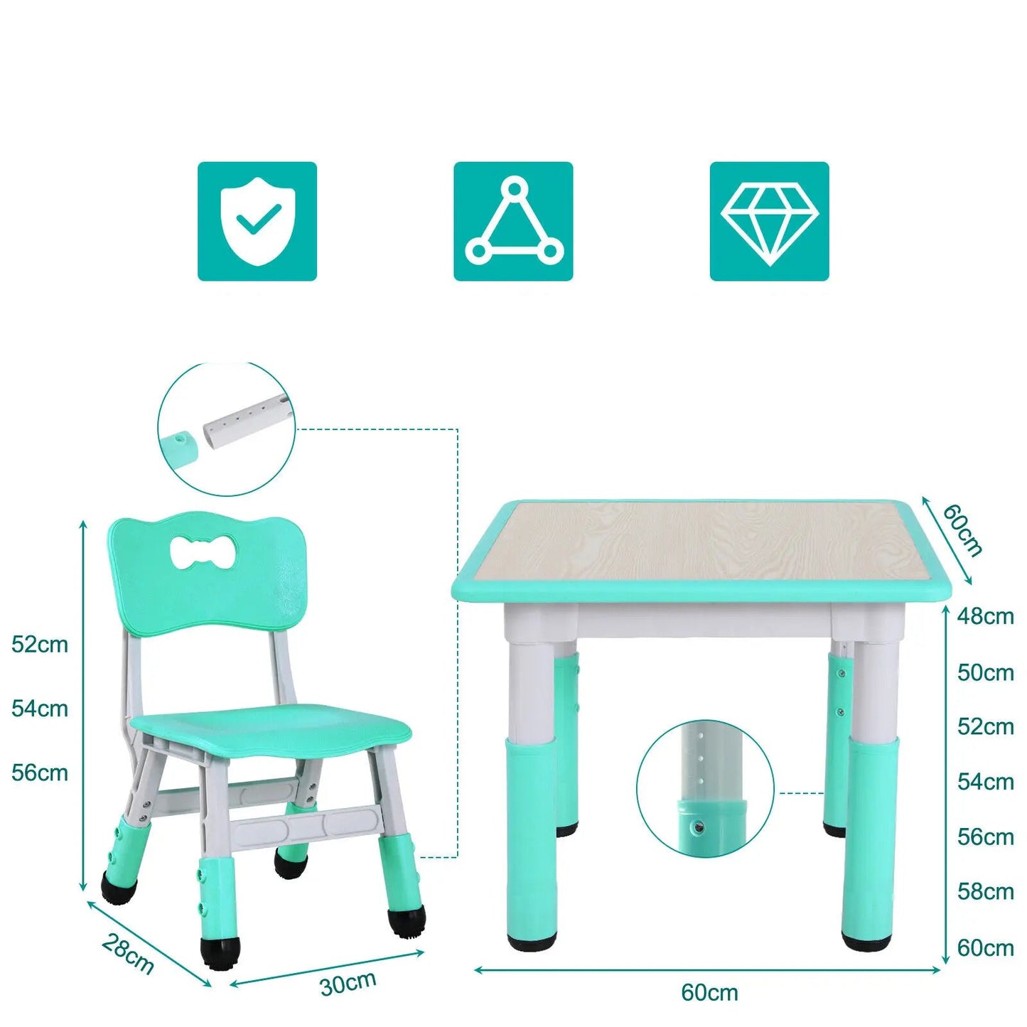 Kindertafel en Stoeltjes - Kindertafel - Kleuterstoel - Kinderstoeltje - Tafel -  Verstelbare Hoogte – 1 Tafel + 2 Stoelen – Voor Kinderen van 3 tot 8 Jaar – Studie & Speelmeubilair - Lichtgrijs