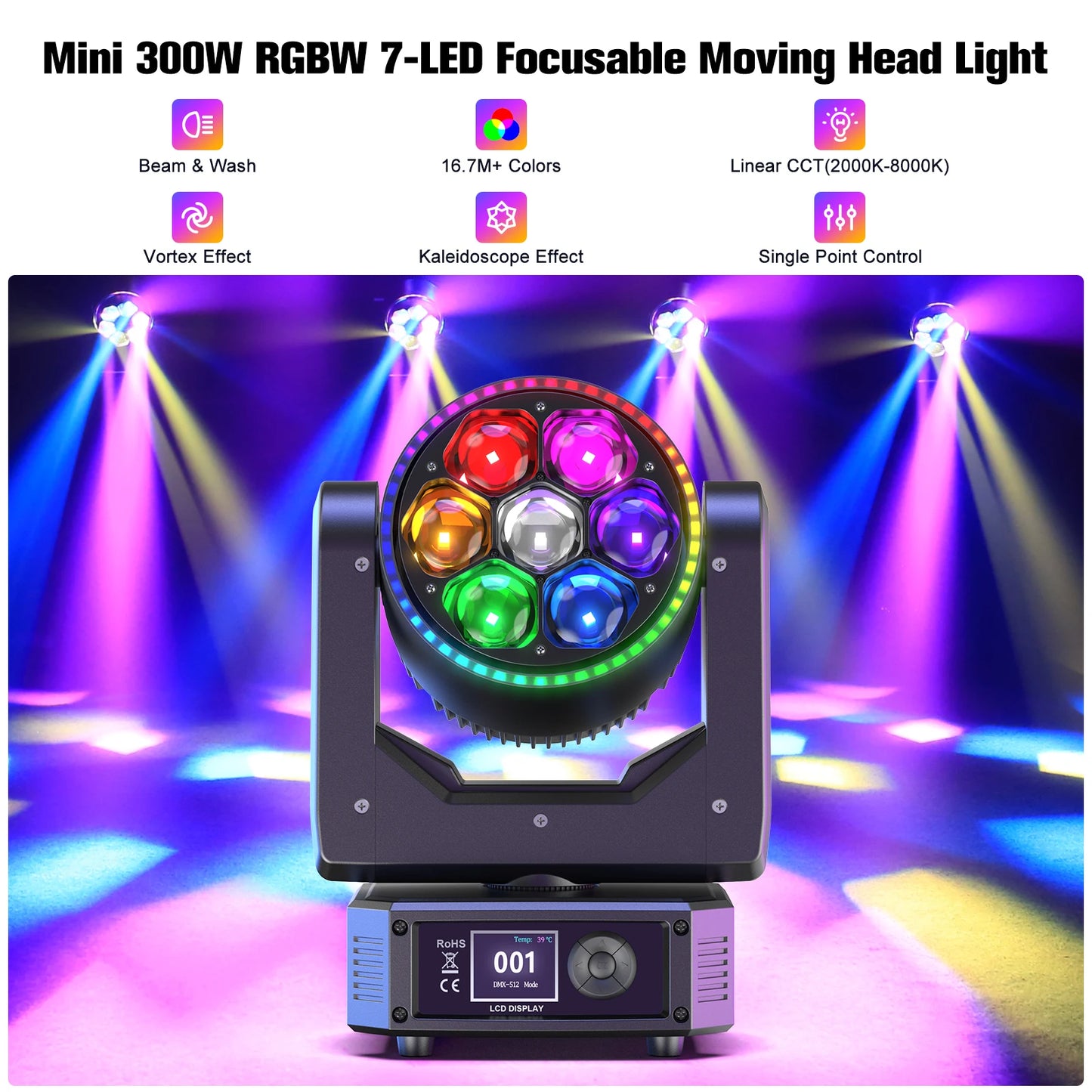 Mini Bee Eye Moving Head Licht – Moving Head Spot – Podiumverlichting – DJ Licht – Disco Licht – 300W RGBW LED – 540° Pan & 250° Tilt – EU Stekker