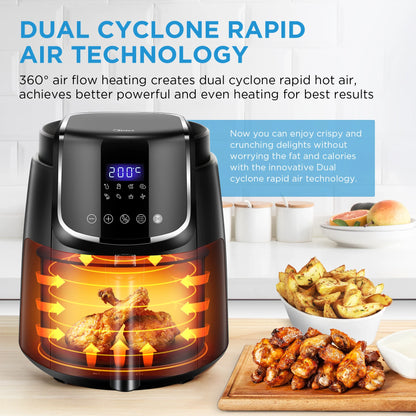 Digitale Airfryer - PFAS vrij - Groot 4 Liter - Heteluchtfriteuse - Zwart - Digital screen - 8 Voorinstellingen - Inclusief in hoogte verstelbaar Grillrack - 1500W - 35-200°C - voor Bakken, braden, grillen, ontdooien, schudalarm