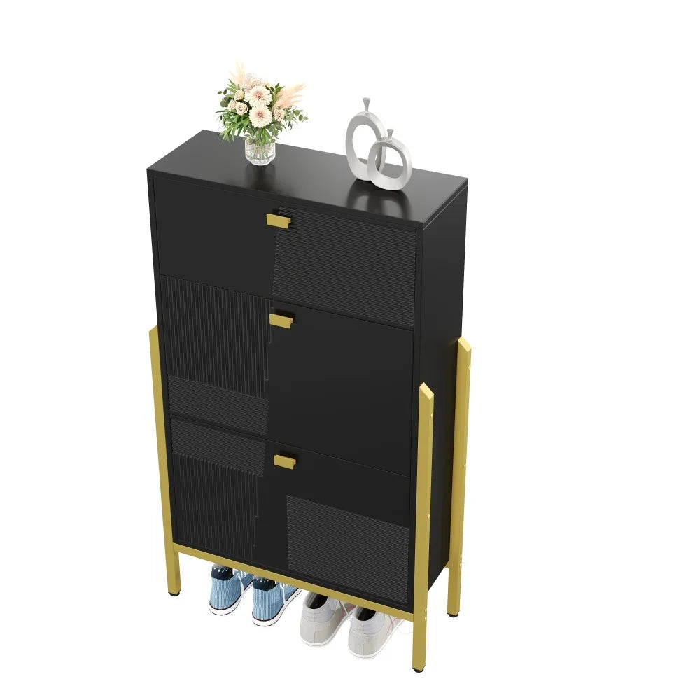 Schoenenrek – Schoenenkast – Opbergkast – Schoenrek – Schoenopberger – Dubbele Planken – Gouden Accenten - 65 x 120,5 x 25 cm - Zwart
