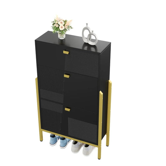 Schoenenrek – Schoenenkast – Opbergkast – Schoenrek – Schoenopberger – Dubbele Planken – Gouden Accenten - 65 x 120,5 x 25 cm - Zwart