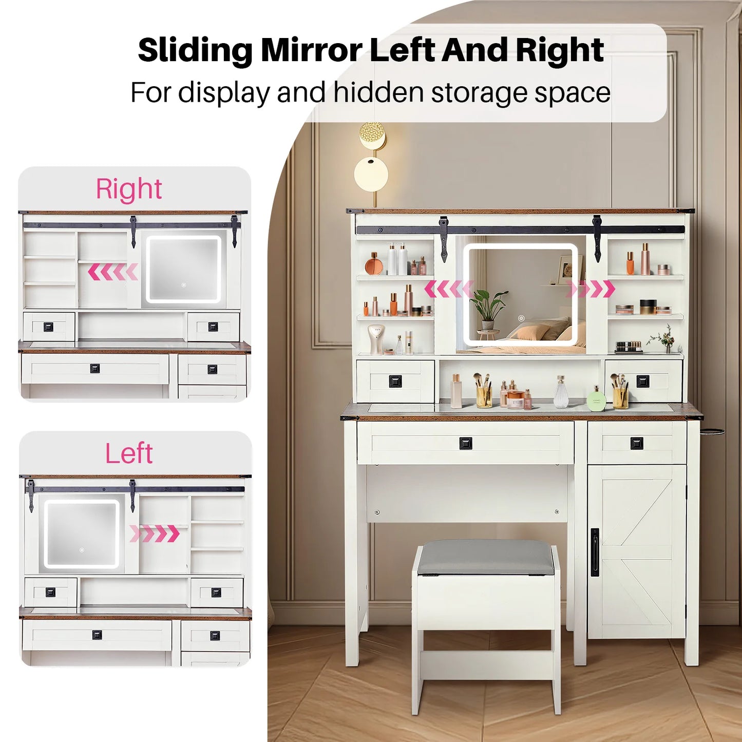 Make-Up Tafel – Kaptafel – Beautytafel – Schminktisch – Lade Meubel – Glazen Tafelblad – Instelbare LED-Verlichting - 46 x 15.4 x 54 inch