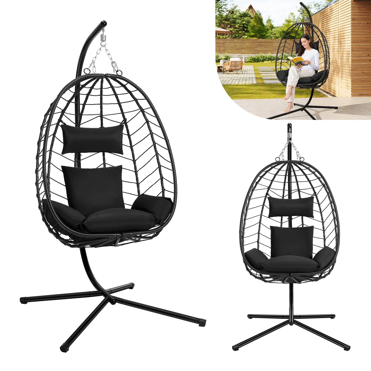 Schommelstoel - Hangende Ei-stoelen - Hangmat -Headrest - met Metalen Standaard - Zitkussen - Draagvermogen 150 kg - voor Tuin - Balkon - Terrasdecoratie - 102 x 100 x 196 cm - Antraciet - QUORE
