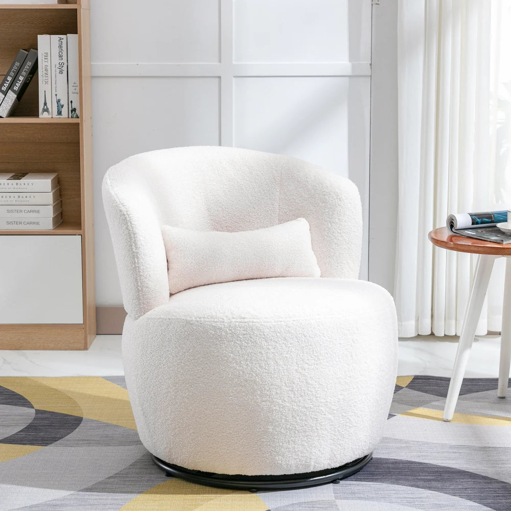 Draaifauteuil – Witte Fauteuil – Teddyplush Stoel – Relaxfauteuil – Comfortstoel – 360 Graden Draaibaar Metalen Onderstel – Ergonomisch Kussen