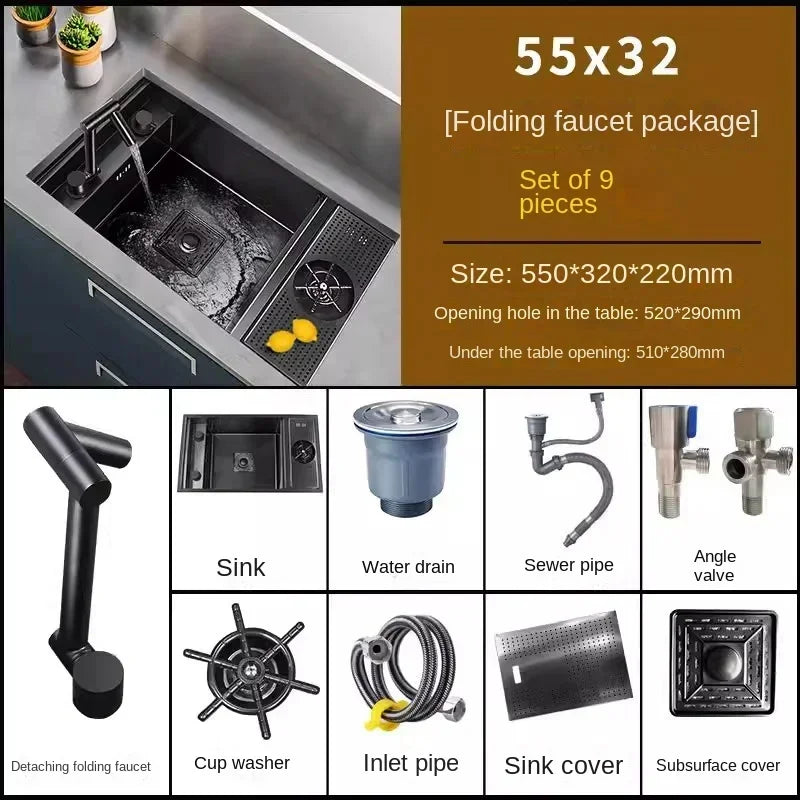 304 Nano Stainless Steel Hidden Sink Folding Faucet, Large Single Slot, Cover Plate, Bar Counter Cup Washer, 55cm x 32cm - QUORE